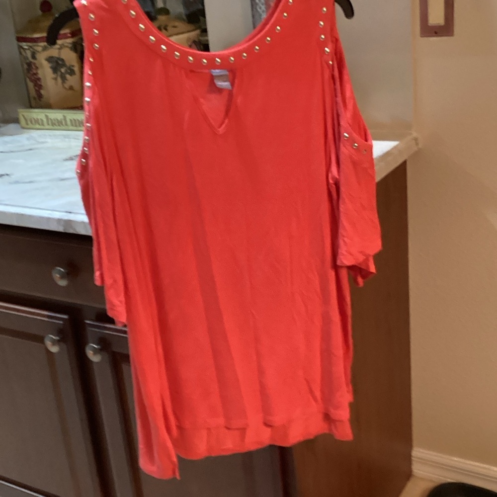 Stylish Coral Cold Shoulder Top With Gold Studs